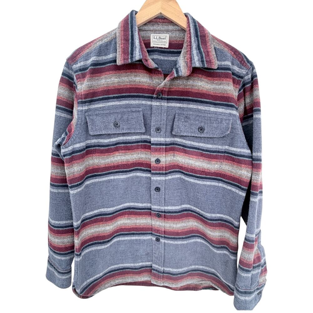 L.L.Bean Flannel Shirt Mens Medium Gray Red Striped Slightly Fitted